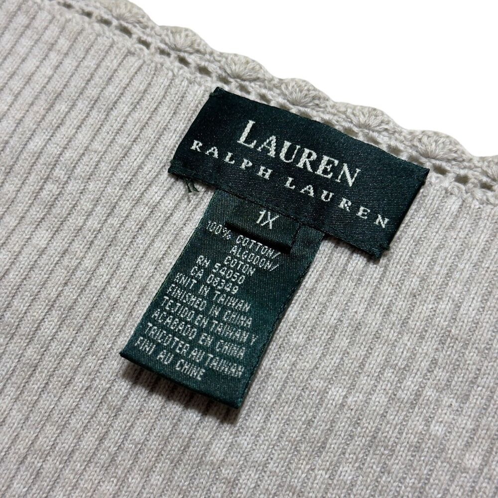 Lauren Ralph Lauren Sweater Women's 1X Beige Ribbed Knit Lace-Trim Snap Henley - Picture 4 of 6